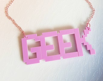 Geek Necklace, Word Jewelry, Lilac, Pixel