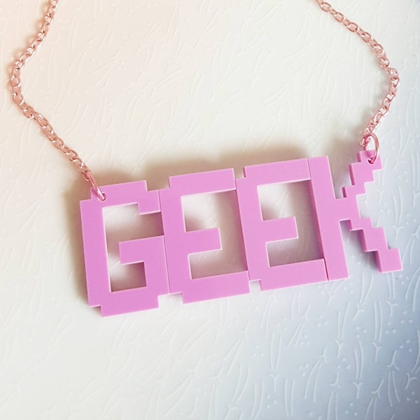 Geek Necklace, Word Jewelry, Lilac, Pixel