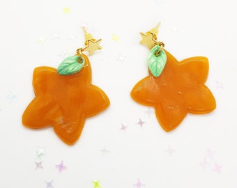 Unique Kawaii Gold Star Earrings, Gifts for Gamer, Polymer Clay Fruit Dangles