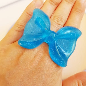 Kawaii Bow Rings, Hot Pink, Acid Green, Sea Blue, Silver Glitter, Big Statement Jewelry