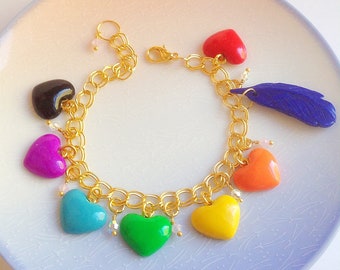 Harvest Moon Bracelet, Heart Event Colours With Blue Feather and Crystals