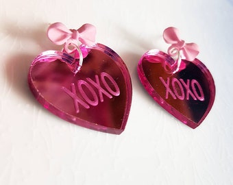 Hugs and Kisses Heart Earrings, Choice of colours, Mirrored Pink or Red, Romantic Jewelry, Kawaii Fashion, Customisable, Sweet Lolita, Cute