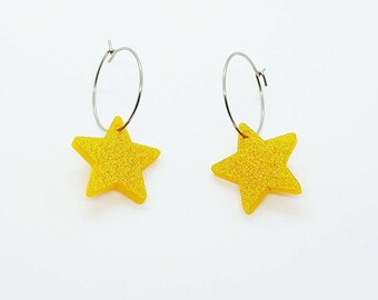 Star Hoop Earrings, Stainless Steel, Gold Sparkly Jewelry