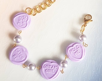 Sweet Heart Bracelet, Lilac, Kawaii, Fairy Kei, Lolita, Pastels, Preciosa Faux Pearls