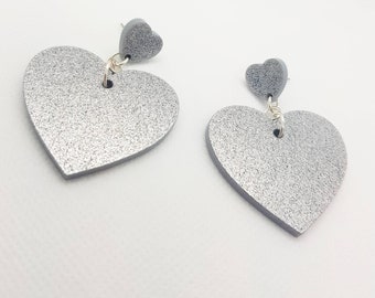 Silver Heart Earrings, Statement Sparkly Jewelry, Stainless Steel, Kawaii