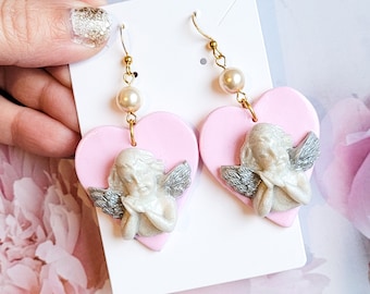 Kawaii Cherub Heart Statement Dangle Earrings, Dreamy Gifts for Her, Renaissance Jewelry