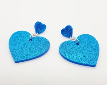 Blue Sparkly Heart Earrings, Statement Sized, Kawaii, Valentines Day