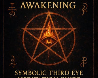 May include: A dark, textured background with the text "INFERNAL LIGHT AWAKENING" in gold lettering. A gold pentagram with a flaming eye at its center is the focal point. The text "SYMBOLIC THIRD EYE MEDITATION GUIDE" is at the bottom.