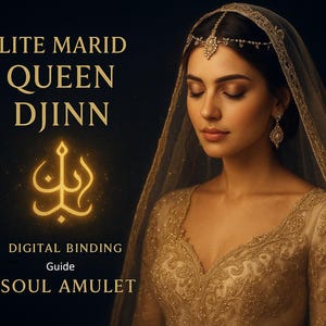 May include: Image featuring a woman in a gold-colored dress and veil, adorned with a jeweled headpiece and earrings. Text on the left reads "ELITE MARID QUEEN DJINN" with a glowing symbol and the words "DIGITAL BINDING Guide SOUL AMULET".
