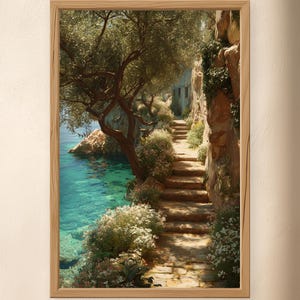 Lámina decorativa para pared de la costa mediterránea, lámina de la costa de Amalfi, decoración costera italiana, obra de arte sobre un sendero oceánico.