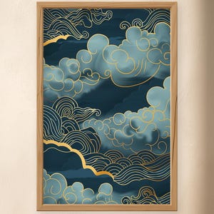May include: A framed art print featuring a stylized cloud design. The artwork showcases swirling cloud formations in shades of teal and blue, accented with gold lines. The print is encased in a natural wood frame, creating a decorative wall art piece.