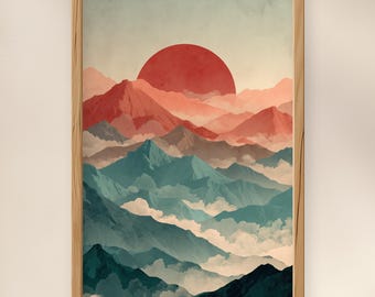 Japandi Mountain Wall Art, Pastel Japanese Landscape Print, Red Sun Zen Decor (Digital Download)