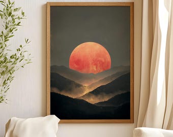 Japandi Red Sun Mountain Print | Moody Zen Landscape Wall Art (Digital Download)