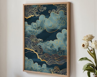 Japandi Cloud Wall Art, Navy Blue Gold Wave Print, Asian Zen Abstract (Digital Download)