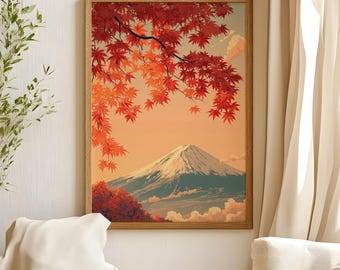 Mount Fuji Autumn Print, Japanese Maple Landscape, Japandi Zen Wall Art (Digital Download)
