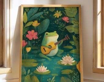 Cozy Frog Playing Ukulele | Boho Wall Decor | Whimsical Digital Art Print