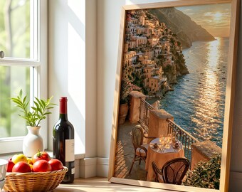 Positano Sunset Balcony Print, Amalfi Coast Travel Poster, Italian Coastal Decor (Digital Download)