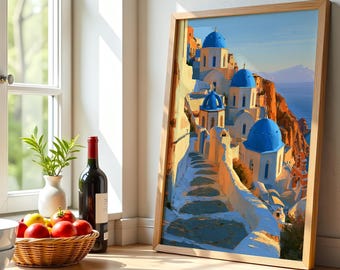 Impression du dôme bleu de Santorin, œuvre d'art représentant un paysage côtier d'une île grecque (téléchargement numérique)