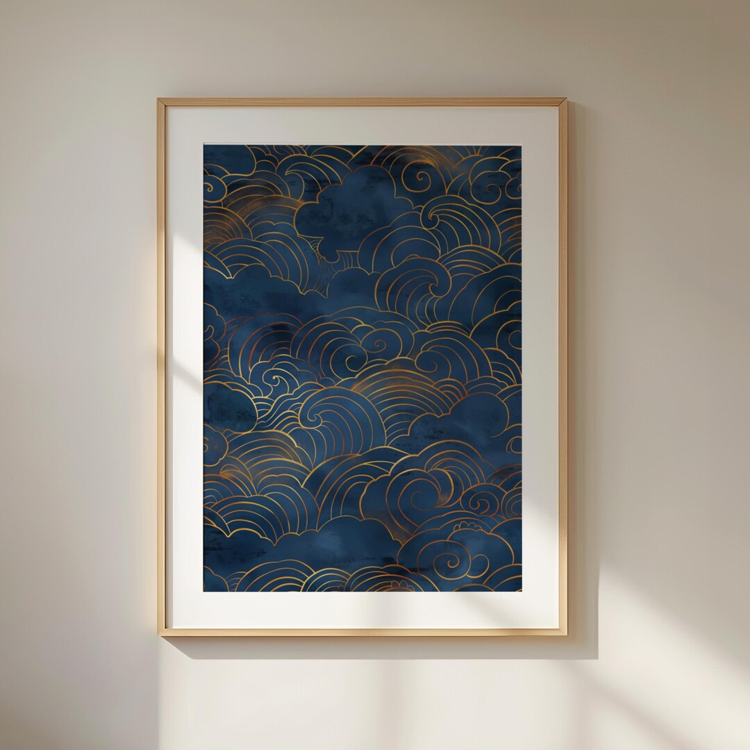 Indigo Cloud Japandi Wall Art | Dark Blue Gold Japanese Print | Digital ...