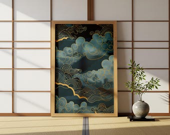 Japanese Wave Cloud Wall Art | Teal Gold Japandi Print | Zen Abstract Digital Download