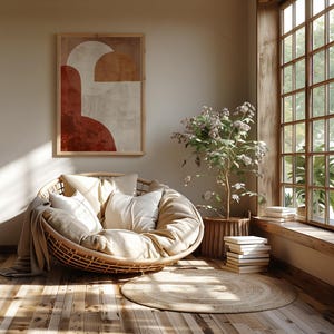 May include: A comfortable interior scene with a woven rattan chair, cream cushions, and a blanket. An abstract artwork hangs on the wall. A small plant in a woven basket and books sit near a large window with natural light.
