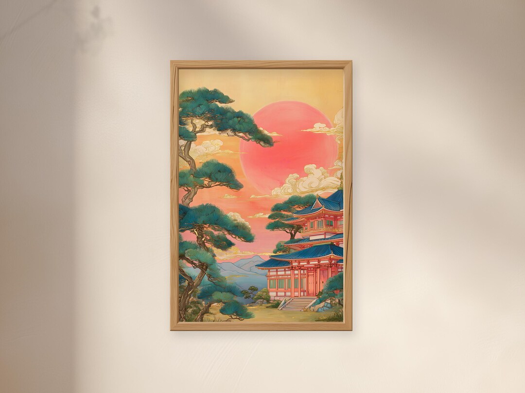 Japanese Pagoda Wall Art | Japandi Sunset Landscape Print | Asian ...