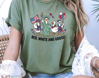 Funny 4th of July Goose Shirt, Patriotic Independence Day Crewneck, Red White Goose Tee