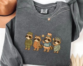 4th of July Raccoon Crewneck, Patriotic USA Independence Day Graphic Tee