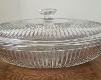 Vintage Anchor Hocking Queen Mary Ribbed Glass Casserole Dish with Lid