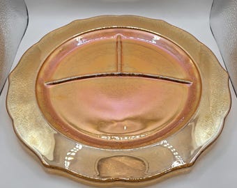 Vintage Federal Glass Normandie Divided Plate | Marigold Carnival Glass Bouquet Lattice