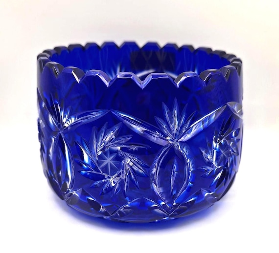 Vintage Crystal Clear Industries Cobalt Blue Cut-to-Clear Lead Crystal Bowl – Pinwheel & Starburst Pattern