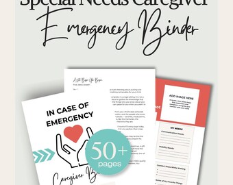 May include: A white and red emergency binder for special needs caregivers. The binder includes pages with prompts and space for notes, with the text "In Case of Emergency" and "My Needs". The binder has over 50 pages.