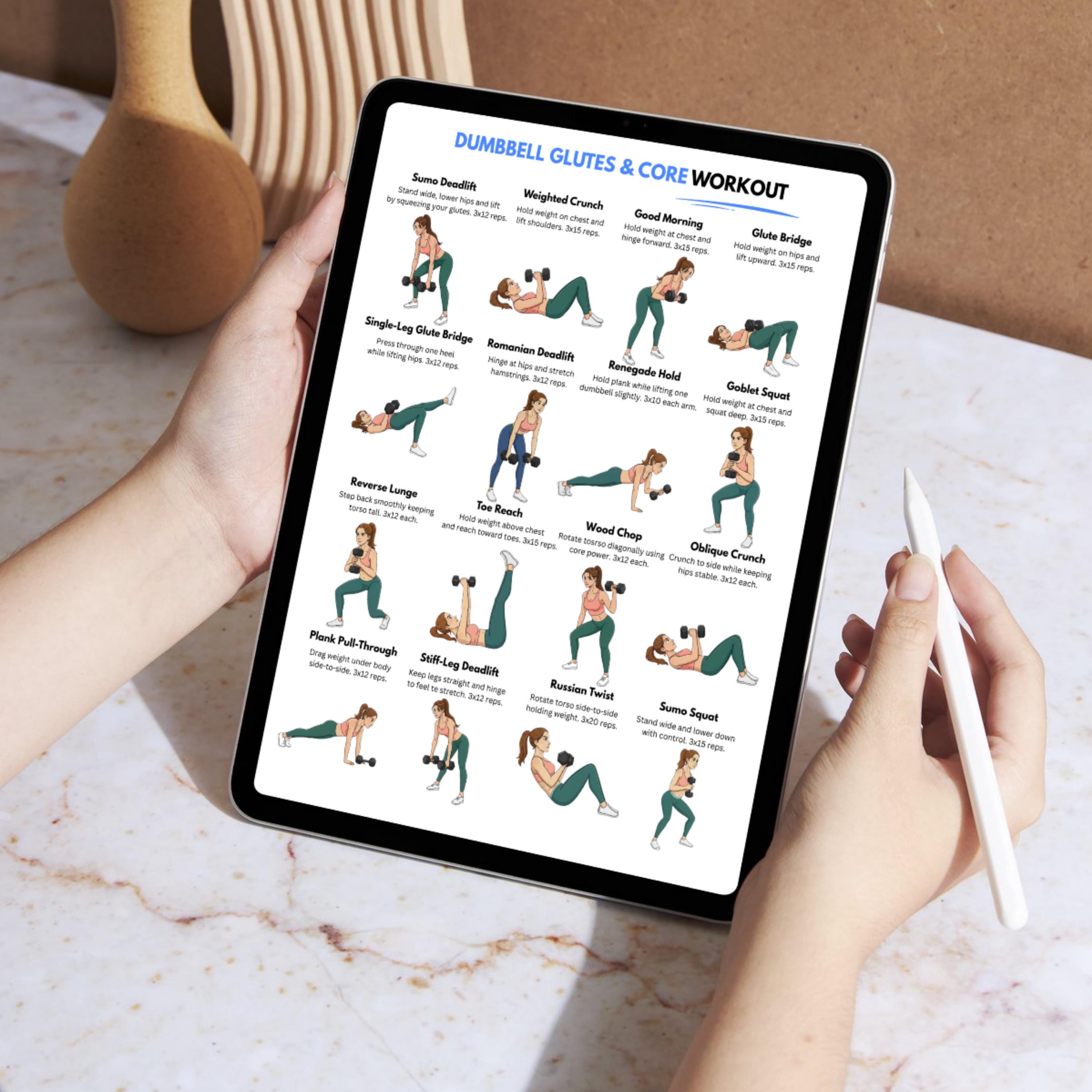 Excercise Chart Core Dumbbell Glutes and Core Workout Poster, Glute Exercise Chart, Core ...