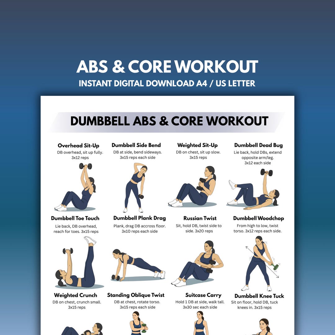 Beginner Dumbbell Abs and Core Workout Chart | At-home Dumbbell Ab ...