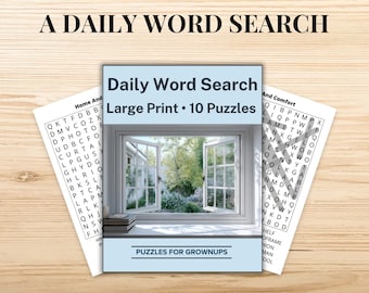 May include: A Daily Word Search book with a light blue cover featuring an open window view and the text Daily Word Search Large Print 10 Puzzles Puzzles For Grownups. Two white word search puzzle pages are fanned out behind the central book cover.
