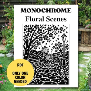 以下が含まれることがあります： MONOCHROME Floral Scenesと題されたデジタルプリントで、石畳の小道、公園のベンチ、木々、街灯の白黒イラストが描かれています。黄色の円形オーバーレイには、PDF ONLY ONE COLOR NEEDEDというテキストが含まれています。