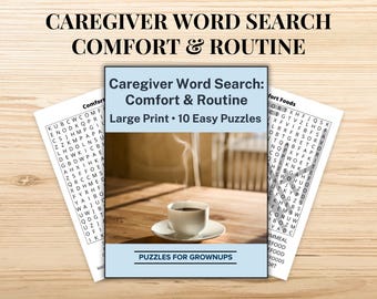 Könnte beinhalten: Bild eines Suchsel-Puzzlebuchs mit dem Titel "Caregiver Word Search: Comfort & Routine" mit einer Tasse Kaffee auf einer Untertasse. Das Buch hat einen hellblauen Einband und den Text "Large Print • 10 Easy Puzzles". Zwei Suchselblätter sind auf beiden Seiten.