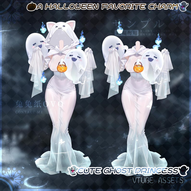 May include: A white floor-length gown with a hooded cape featuring cat ears, accompanied by two floating ghost figures and a small orange pumpkin bucket. The text A HALLOWEEN FAVORITE CHARM and CUTE GHOST PRINCESS VTUBE ASSETS is visible.