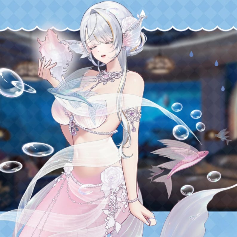 May include: An illustration of a woman with long white hair and a mermaid-like appearance. She wears a white and pink dress with pearl and jewel accents. Bubbles and flying fish surround her, creating an underwater scene.