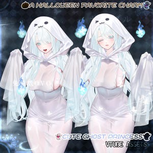 May include: Digital illustration of two anime-style characters wearing white ghost-themed hooded cloaks with cat-face details. The characters have long light blue hair, blue eyes, and are surrounded by floating blue flames and text.