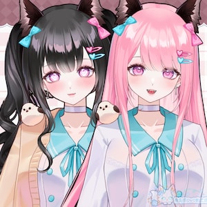 May include: Two anime-style characters with cat ears and long hair. One has black hair and the other has pink hair. Both wear blue and white outfits with bows and chokers. Small bird-like figures sit on their shoulders.