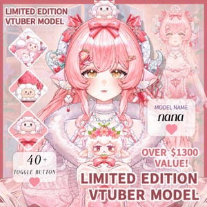 Puede incluir: Ilustración digital rosa y blanca de un modelo VTuber llamado Nana. El modelo tiene cabello rosa, cuernos y un diseño con temática de oveja. La imagen incluye el texto "Limited Edition VTuber Model" y "40+ Toggle Button."