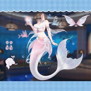 May include: A digital illustration of a mermaid costume. The costume features a white and pink color scheme, with a flowing tail, a seashell-shaped top, and decorative accessories like earrings and wings. The overall design is ethereal and fantasy-themed.