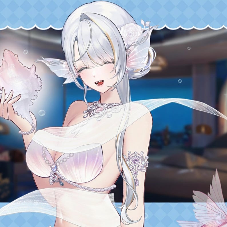 May include: An anime-style illustration of a character with long white hair and a white dress. The character is holding a large seashell and wearing jewelry. The background is a blurred underwater scene with bubbles.