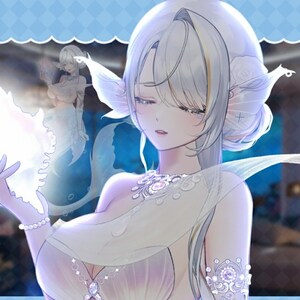 May include: An anime-style illustration of a woman with long, silver hair and large, ornate ear-like structures. She wears a white dress with intricate detailing and a delicate necklace. A glowing, white object is held in her hand.