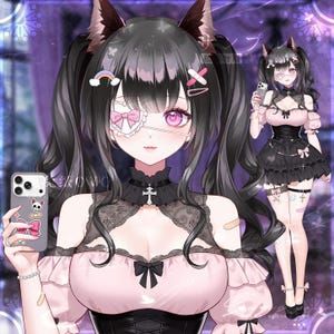 Puede incluir: Un personaje de estilo anime con coletas negras y orejas de gato, que lleva un top rosa de hombros descubiertos con encaje negro, un corsé negro y un parche en el ojo en forma de corazón con un lazo rosa. El personaje sostiene un smartphone con pegatinas.