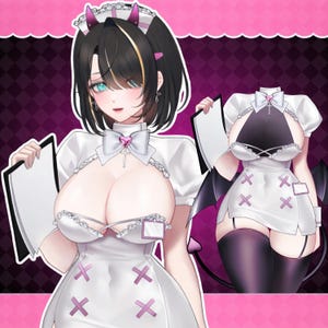 May include: An anime-style illustration of a character in a white maid outfit with black accents, a pink heart-shaped bow, and devil horns. The character is holding a clipboard. A second image of the outfit is also shown.