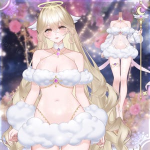 May include: A digital illustration of a character with long blonde hair, a halo, and white cloud-shaped clothing. The character is adorned with gold jewellery and a purple gem. A second, similar figure is also present.