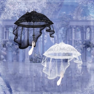 May include: Two decorative parasols, one black and one white, with intricate lace and bead detailing. The parasols have a sheer, flowing fabric that drapes down, and are held by a stylized hand. The background is a soft, blurred image of a garden.