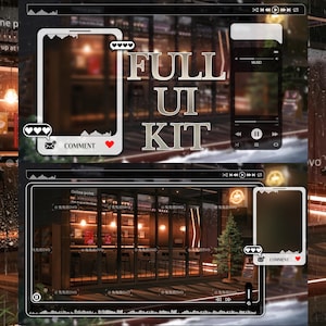 May include: A digital UI kit design with a bar scene background. The words "FULL UI KIT" are prominently displayed. The design includes social media-style frames with comment and like icons, and a music player interface.